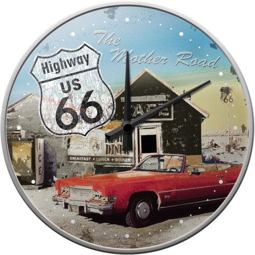 Nostalgie ∅ 31cm Highway Route 66 USA Amerika Echtglas Wanduhr Blech Uhr 23 